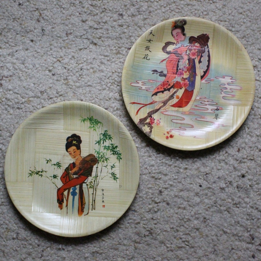 Vintage Bamboo Plate Specialist Chinese Goddess Decorative Plates Set 2 6.5" Tan